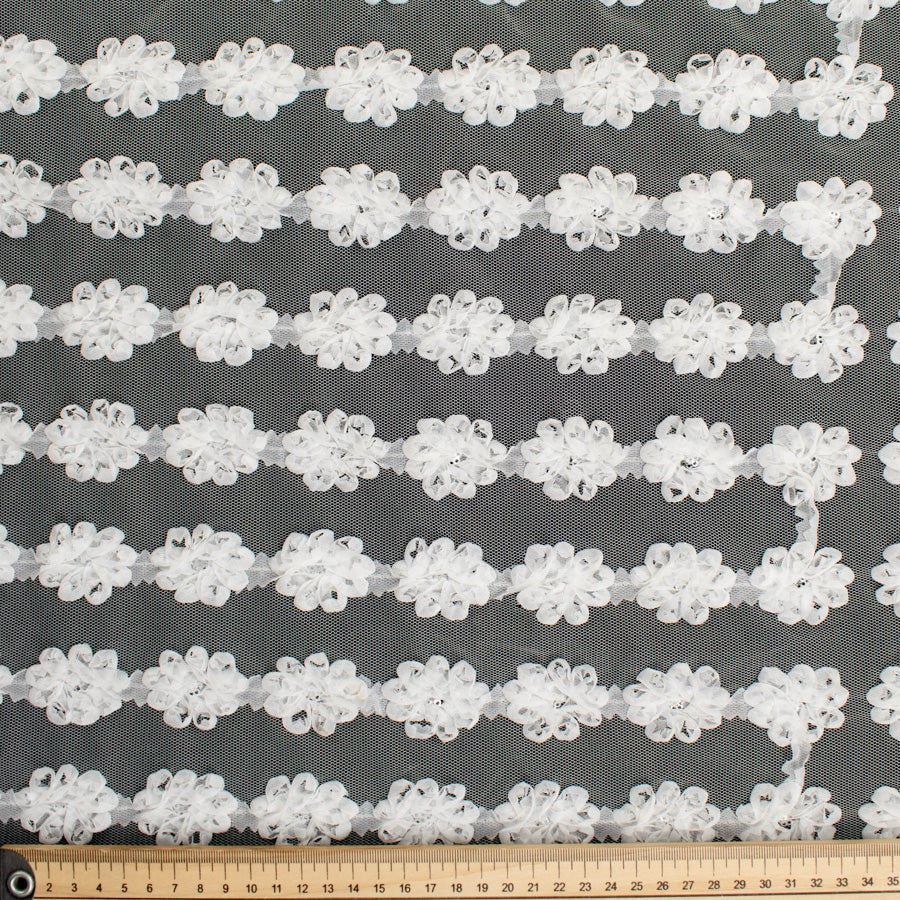3D Flower Sequins Trim Embroidery Lace White