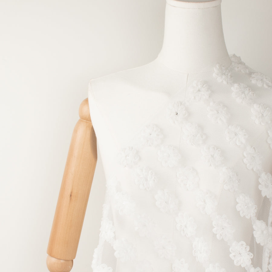 3D Flower Sequins Trim Embroidery Lace White