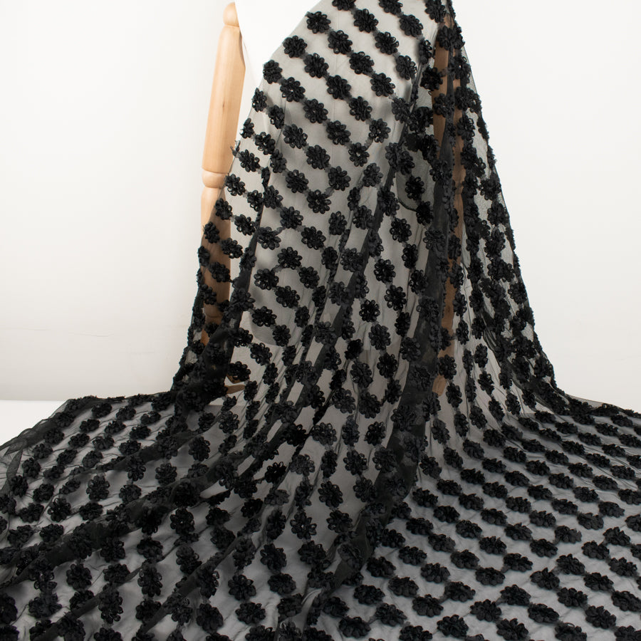 3D Flower Sequins Trim Embroidery Lace Black