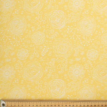Flowers & Birds Cartoon Collection #07 White Floral on Yellow Cotton Prints