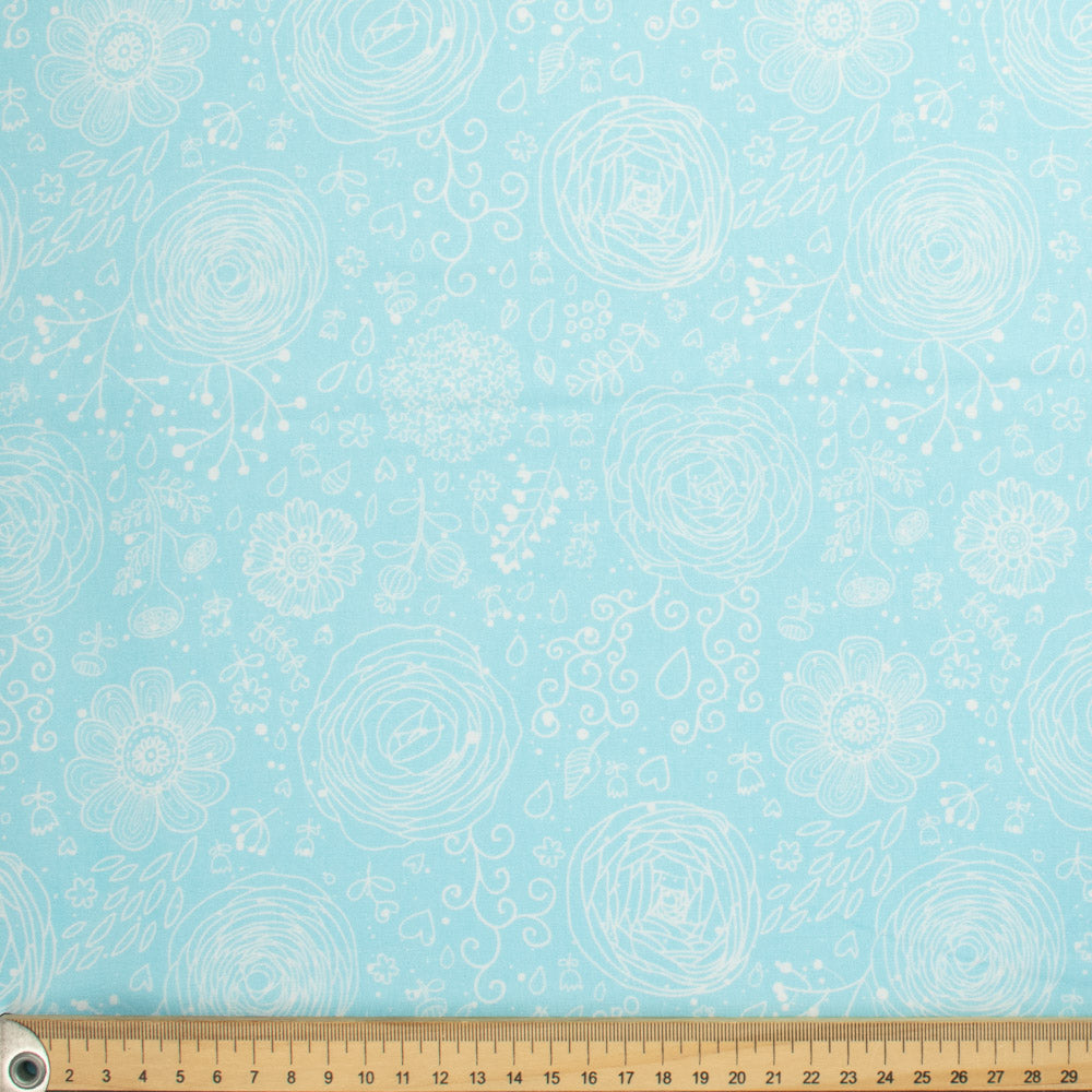 Flowers & Birds Cartoon Collection #09 White Floral on Blue Cotton Prints