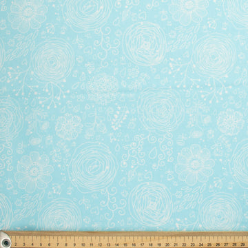 Flowers & Birds Cartoon Collection #09 White Floral on Blue Cotton Prints