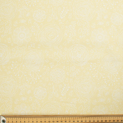 Flowers & Birds Cartoon Collection #10 White Floral on Pale Yellow Cotton Prints