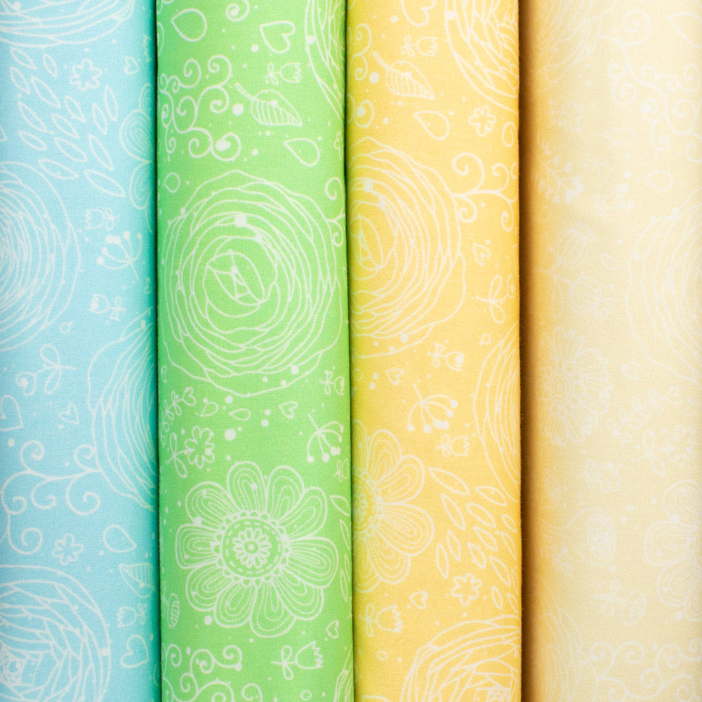 Flowers & Birds Cartoon Collection #07 White Floral on Yellow Cotton Prints