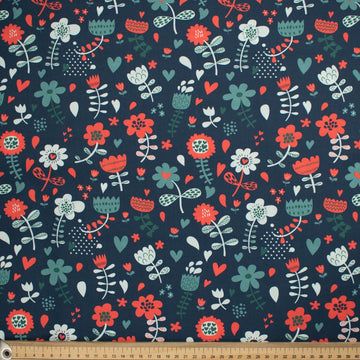 Flowers & Birds Cartoon Collection #11 Red Flower & Heart on Navy Cotton Prints