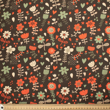 Flowers & Birds Cartoon Collection  #13 Orange Flower & Heart on Brown Cotton Prints
