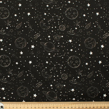 Galaxy Collection #01 White Sketch Planets & UFO on Black Cotton Prints