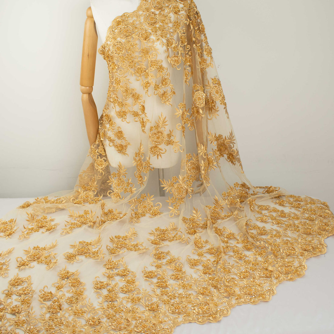 Beaded Damante Embroidery 3D Flower Lace Gold