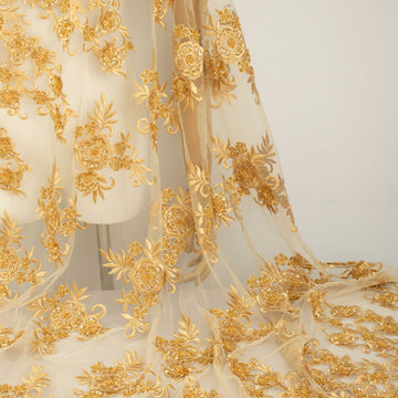 Beaded Damante Embroidery 3D Flower Lace Gold