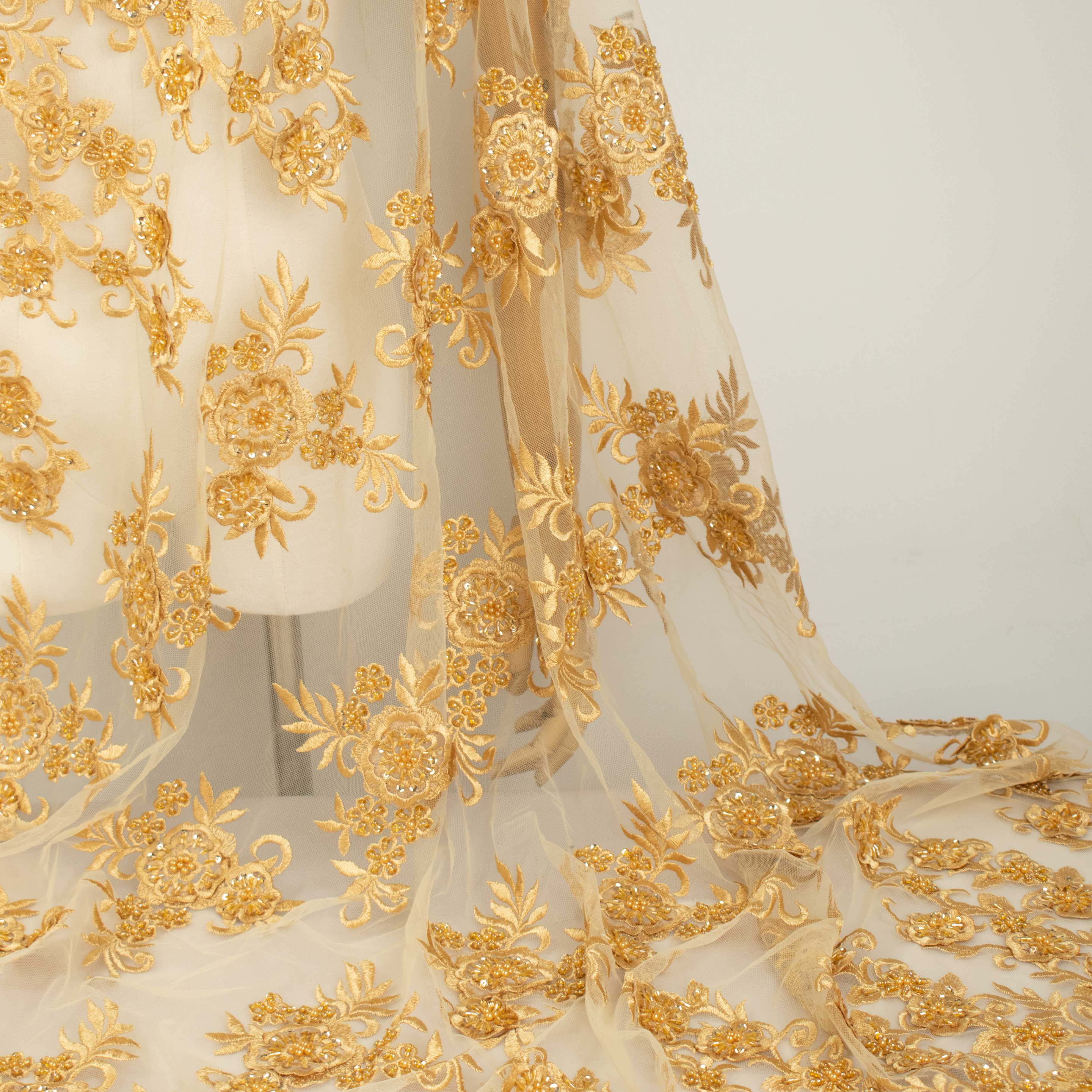 Beaded Damante Embroidery 3D Flower Lace Gold