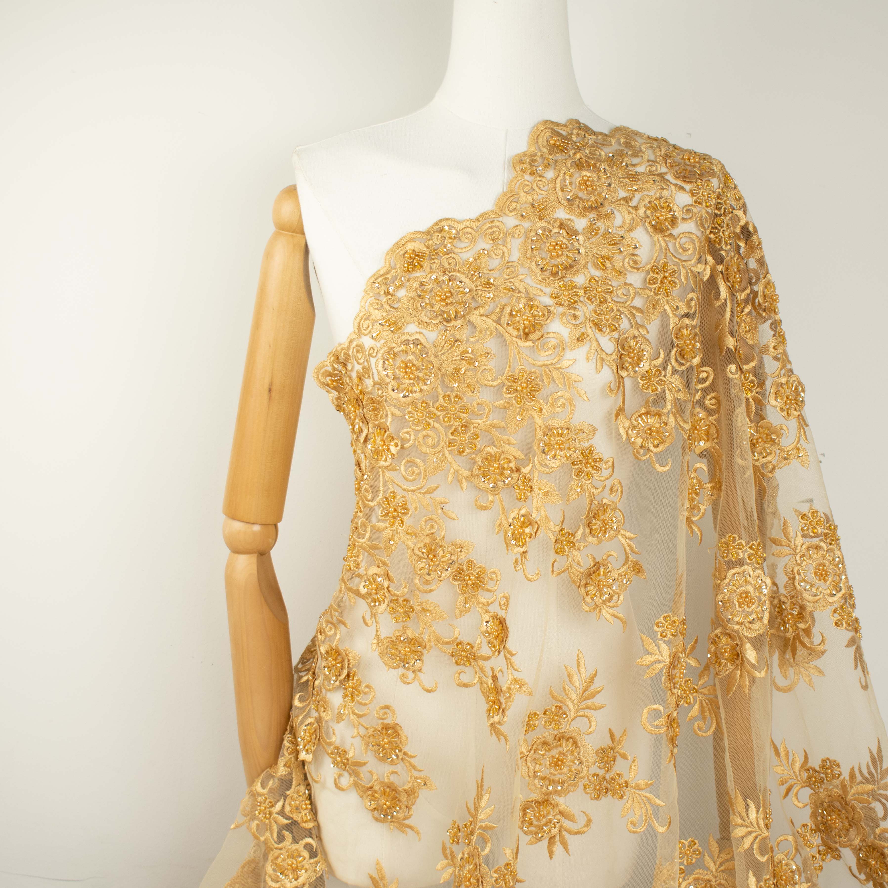 Beaded Damante Embroidery 3D Flower Lace Gold