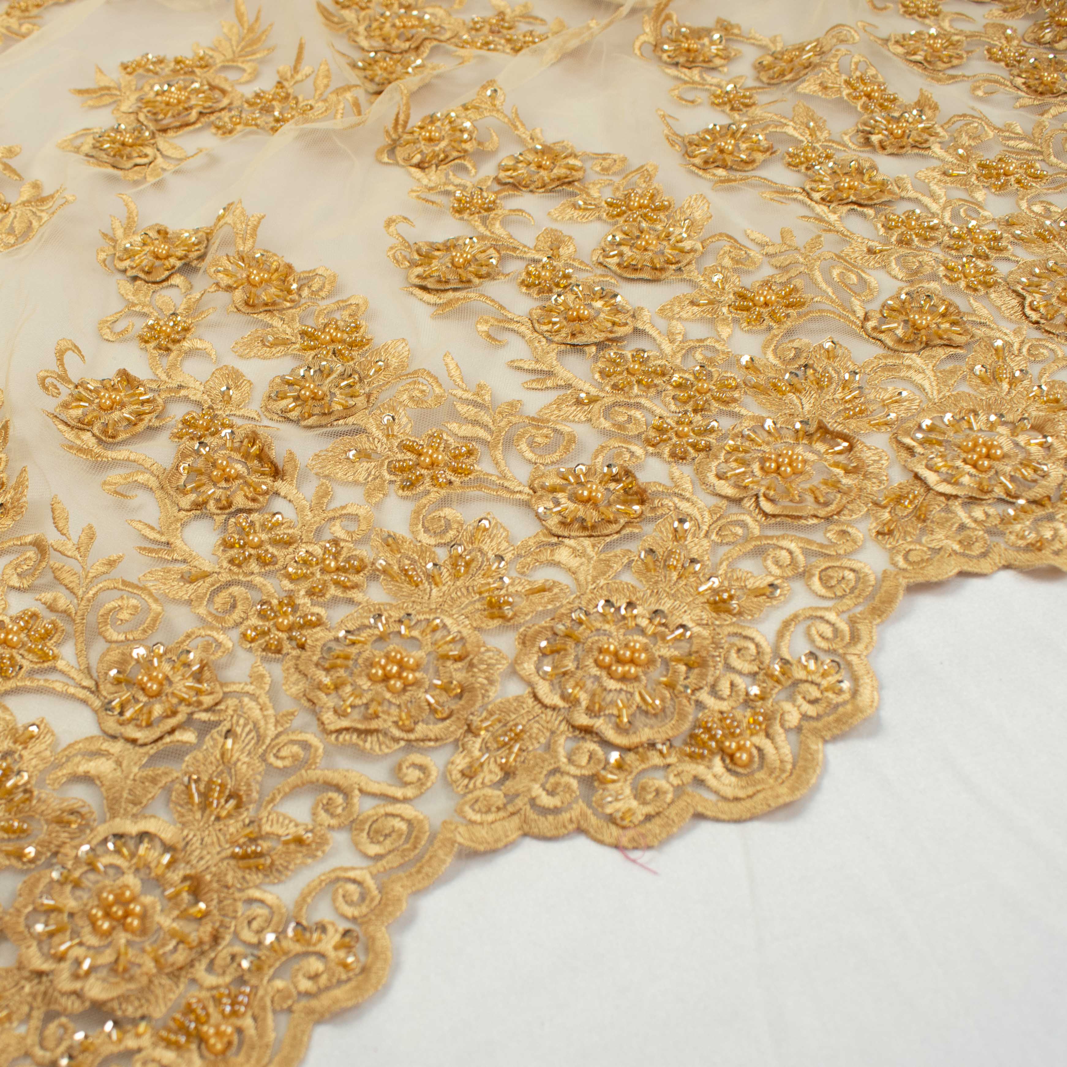 Beaded Damante Embroidery 3D Flower Lace Gold