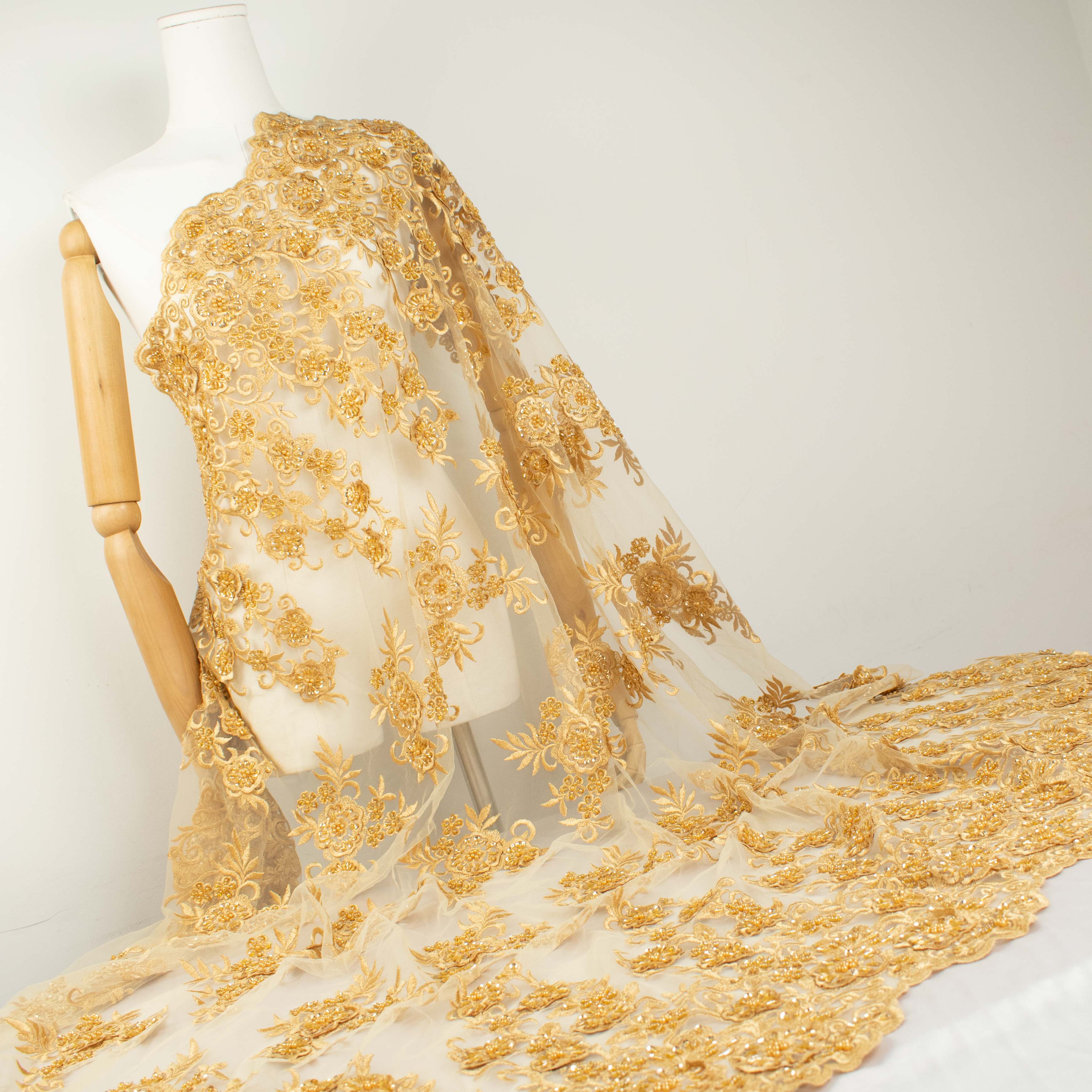 Beaded Damante Embroidery 3D Flower Lace Gold