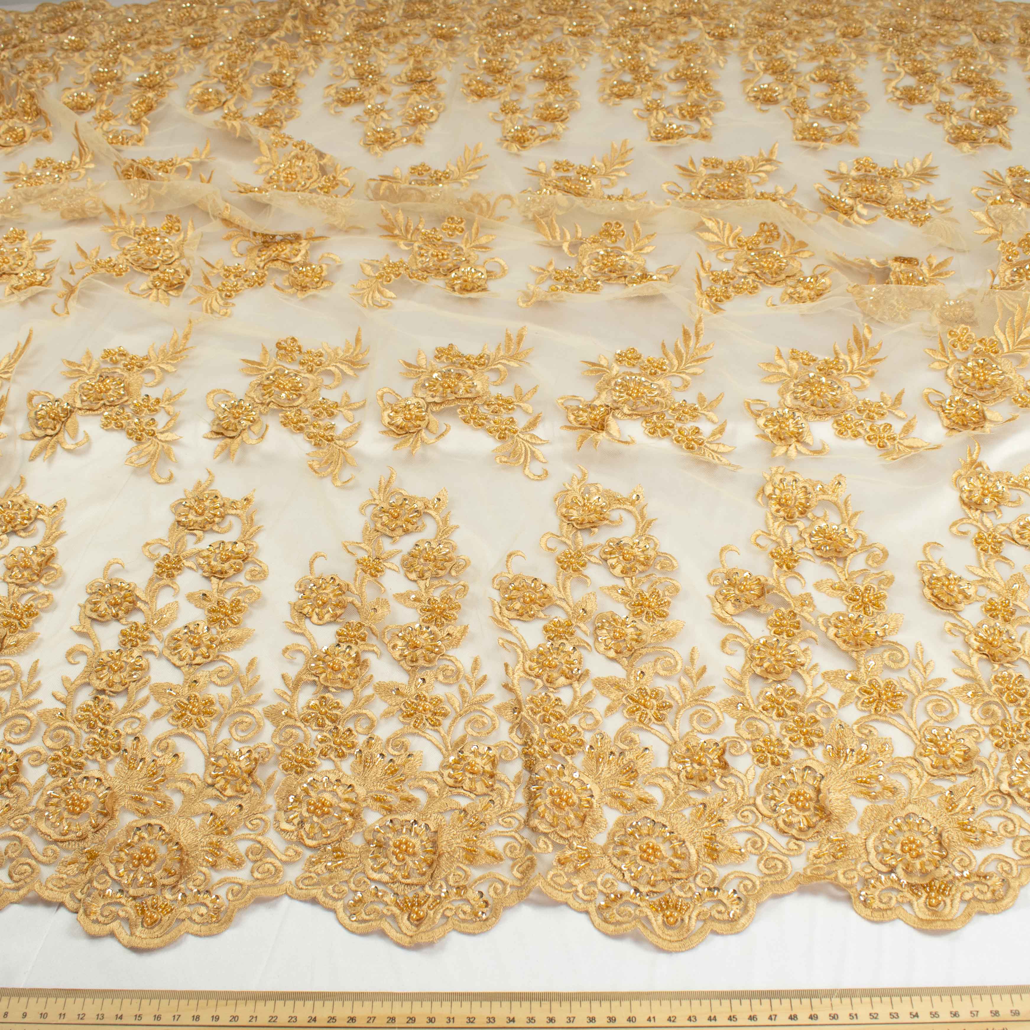 Beaded Damante Embroidery 3D Flower Lace Gold