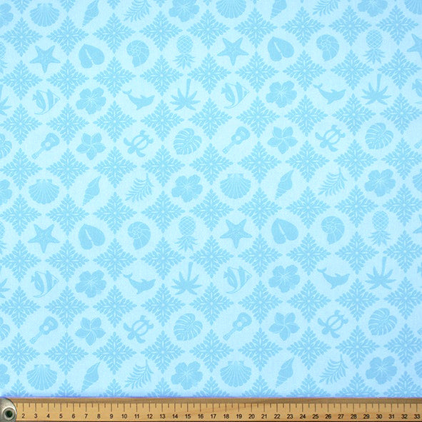 Hawaii Style Collection #16 Flower, Leaves & Sea Life on Blue Cotton Prints