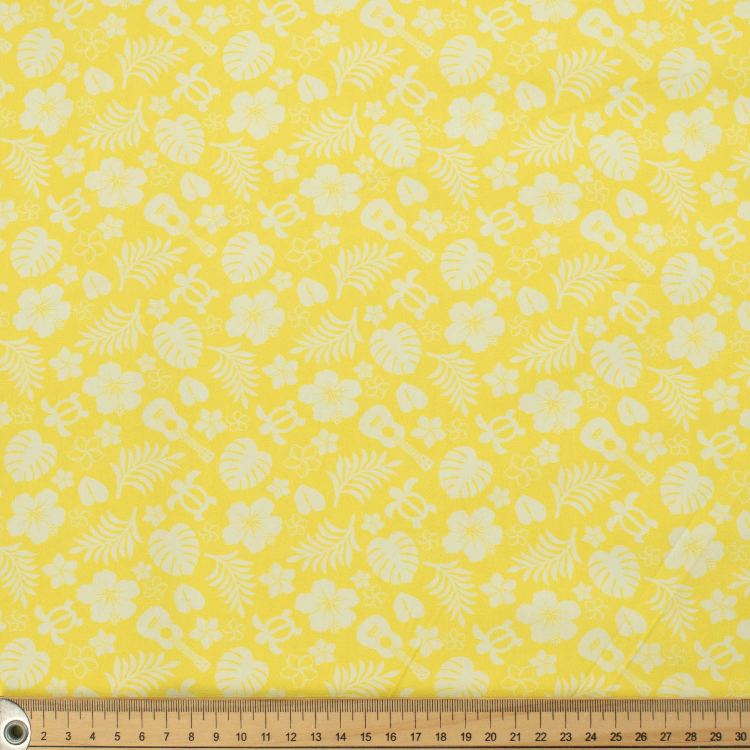 Hawaii Style Collection #11 Flower, Leaves, Sea Turtle & Guitar on Yellow Cotton Prints