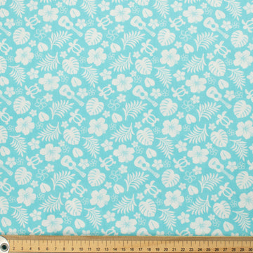 Hawaii Style Collection #10 Flower, Leaves, Sea Turtle & Guitar on Blue Cotton Prints