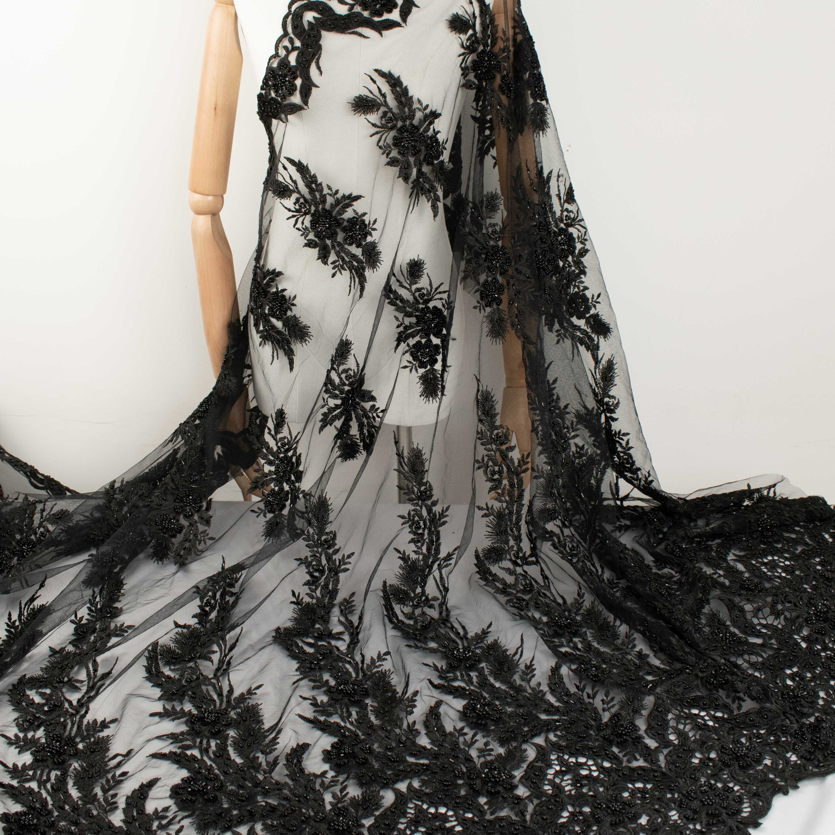 Heavy Beaded  Embroidery with Guipure Lace Black