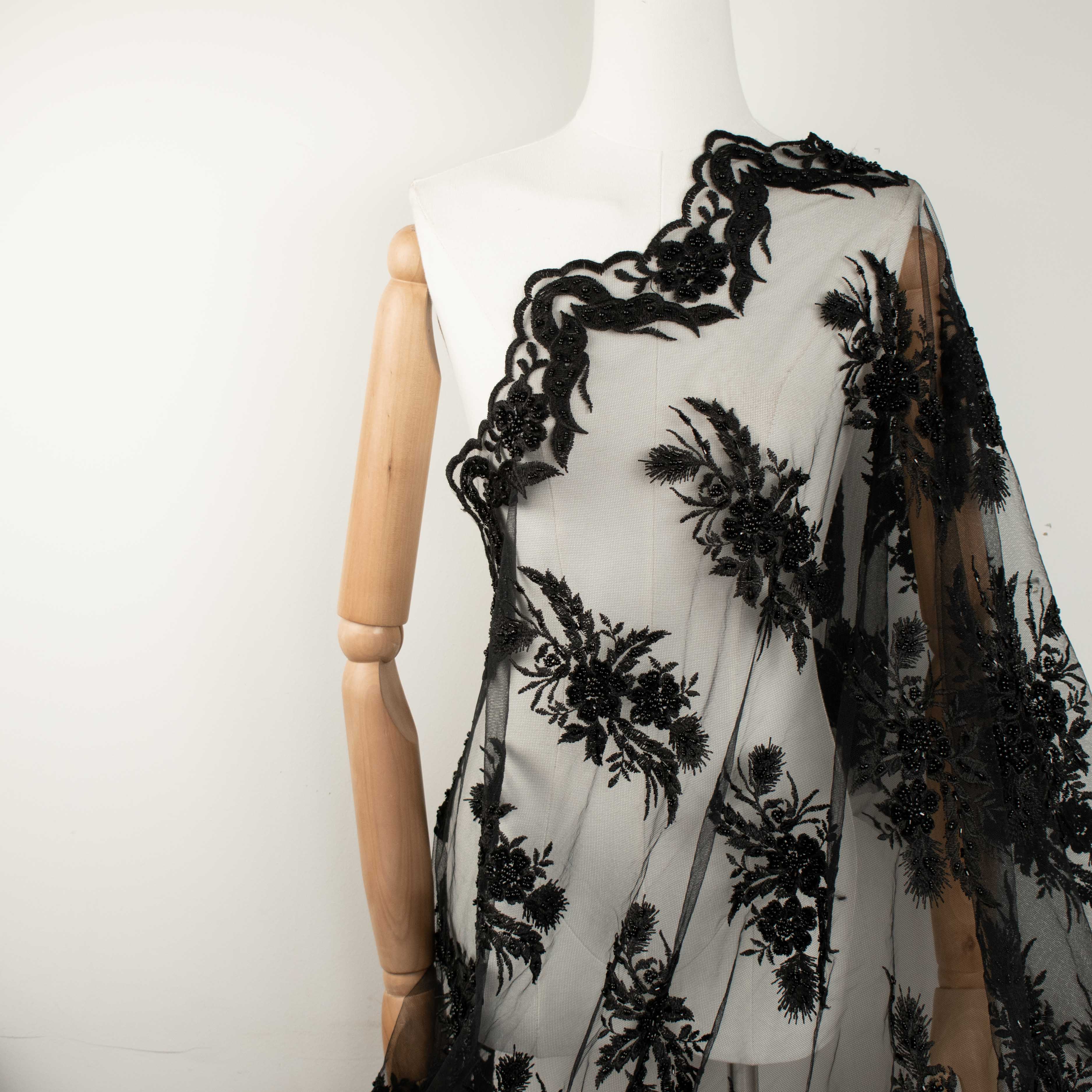 Heavy Beaded  Embroidery with Guipure Lace Black