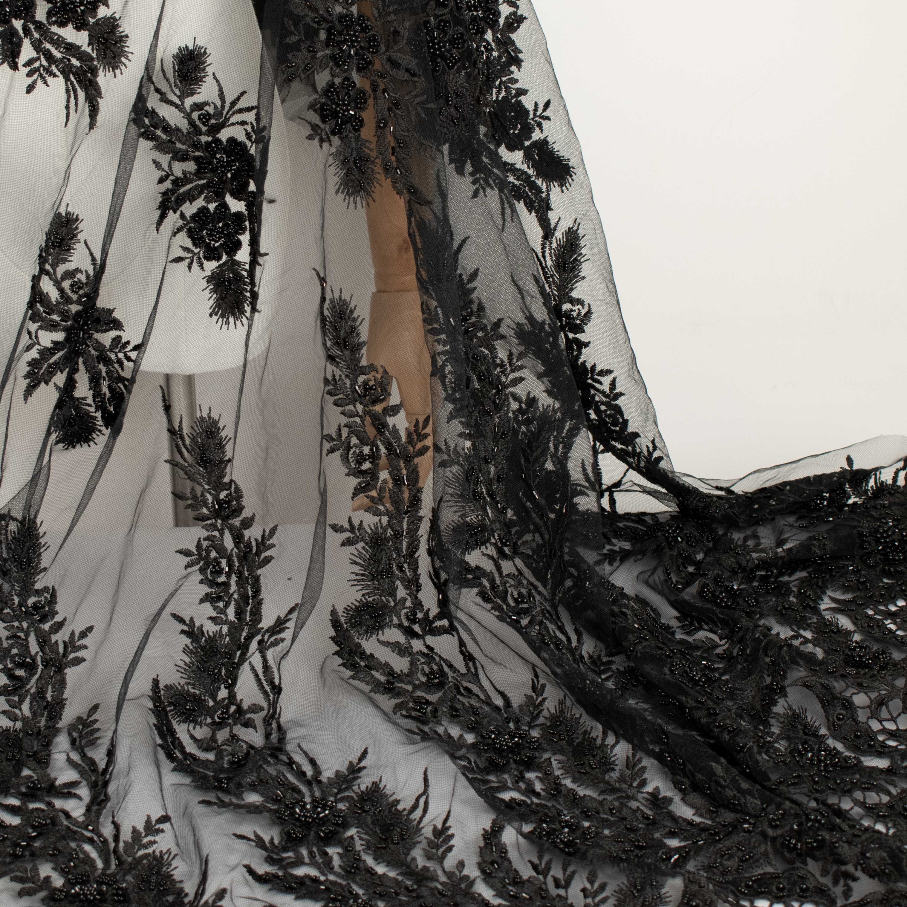 Heavy Beaded  Embroidery with Guipure Lace Black