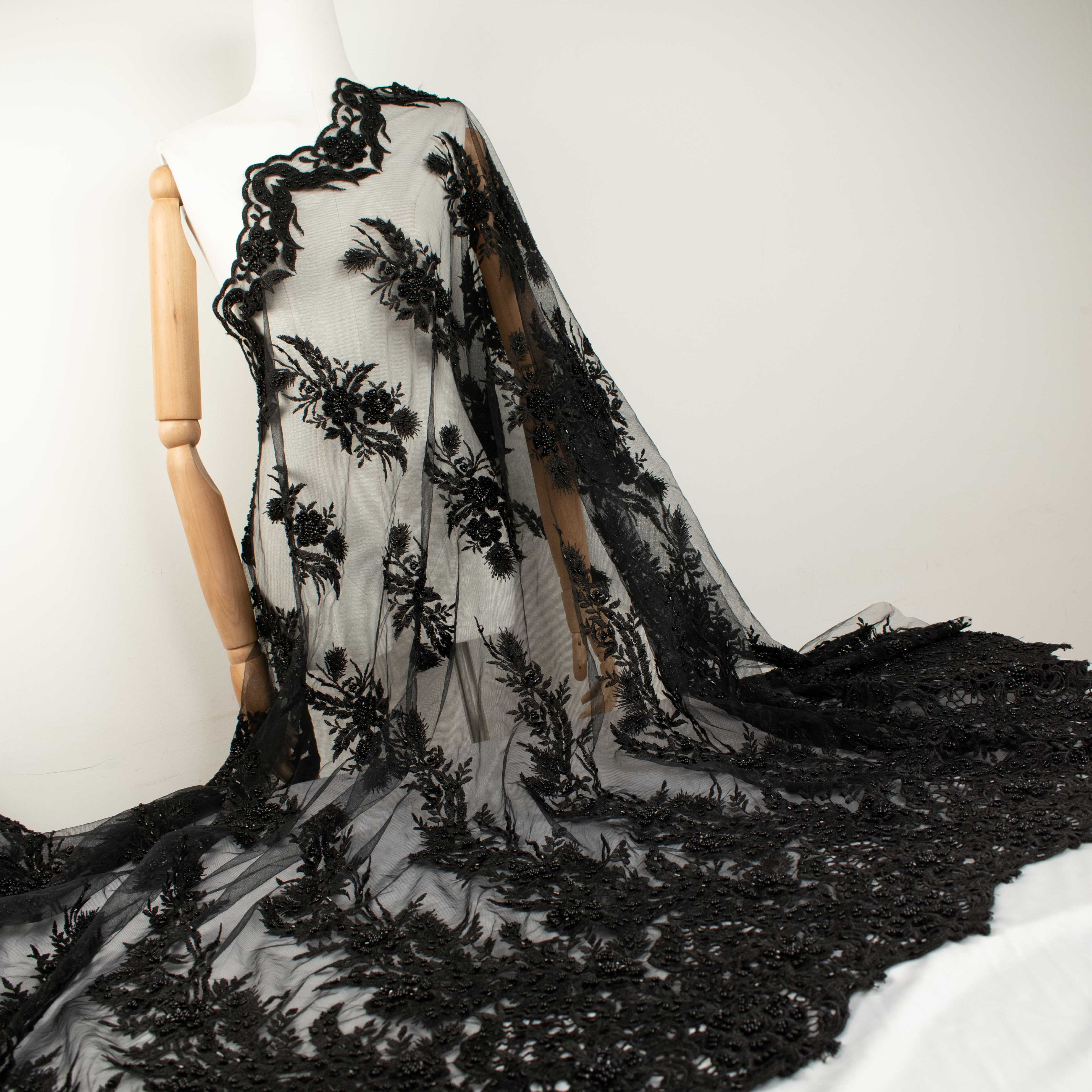 Heavy Beaded  Embroidery with Guipure Lace Black
