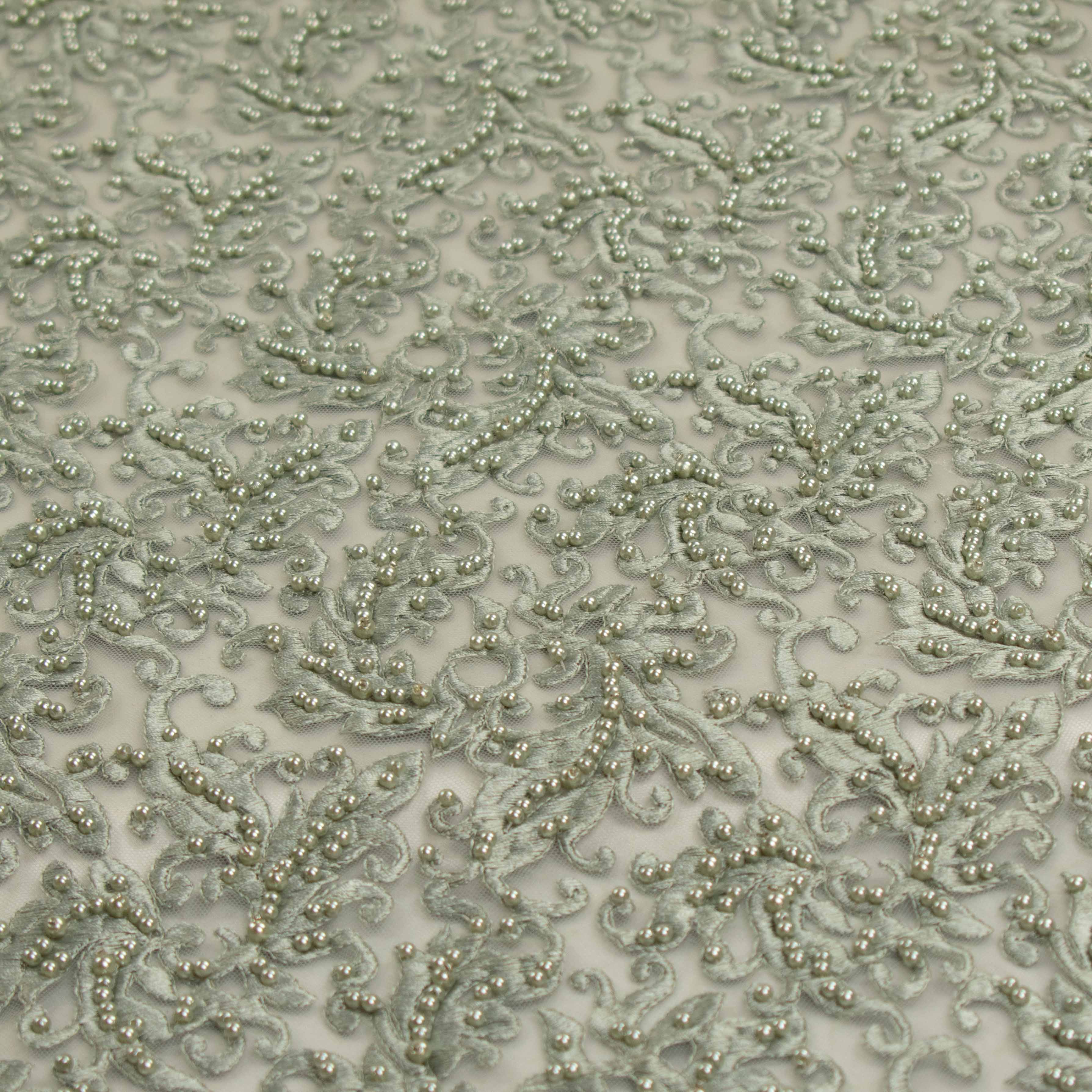 Heavy Embroidered Pearl Beaded Chantilly Lace Teal Grey