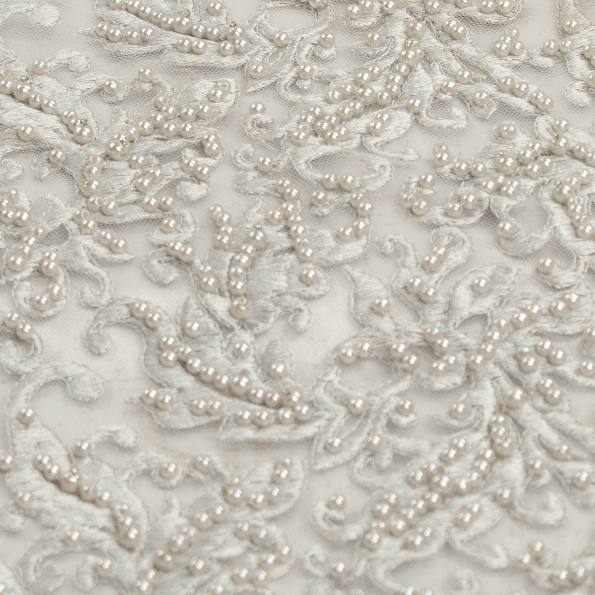 Heavy Embroidered Pearl Beaded Chantilly Lace Silver