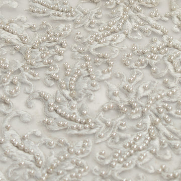 Heavy Embroidered Pearl Beaded Chantilly Lace Silver