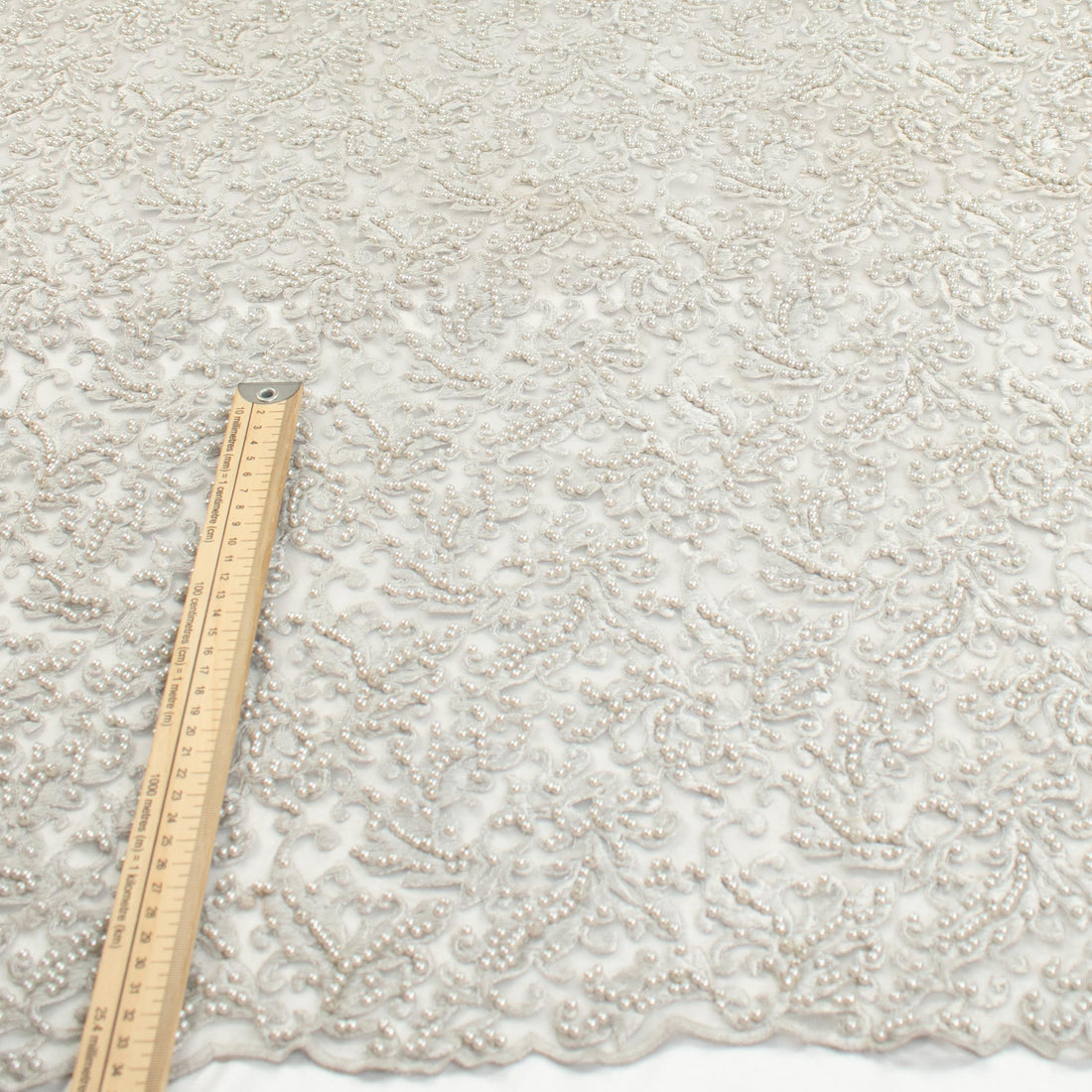 Heavy Embroidered Pearl Beaded Chantilly Lace Silver