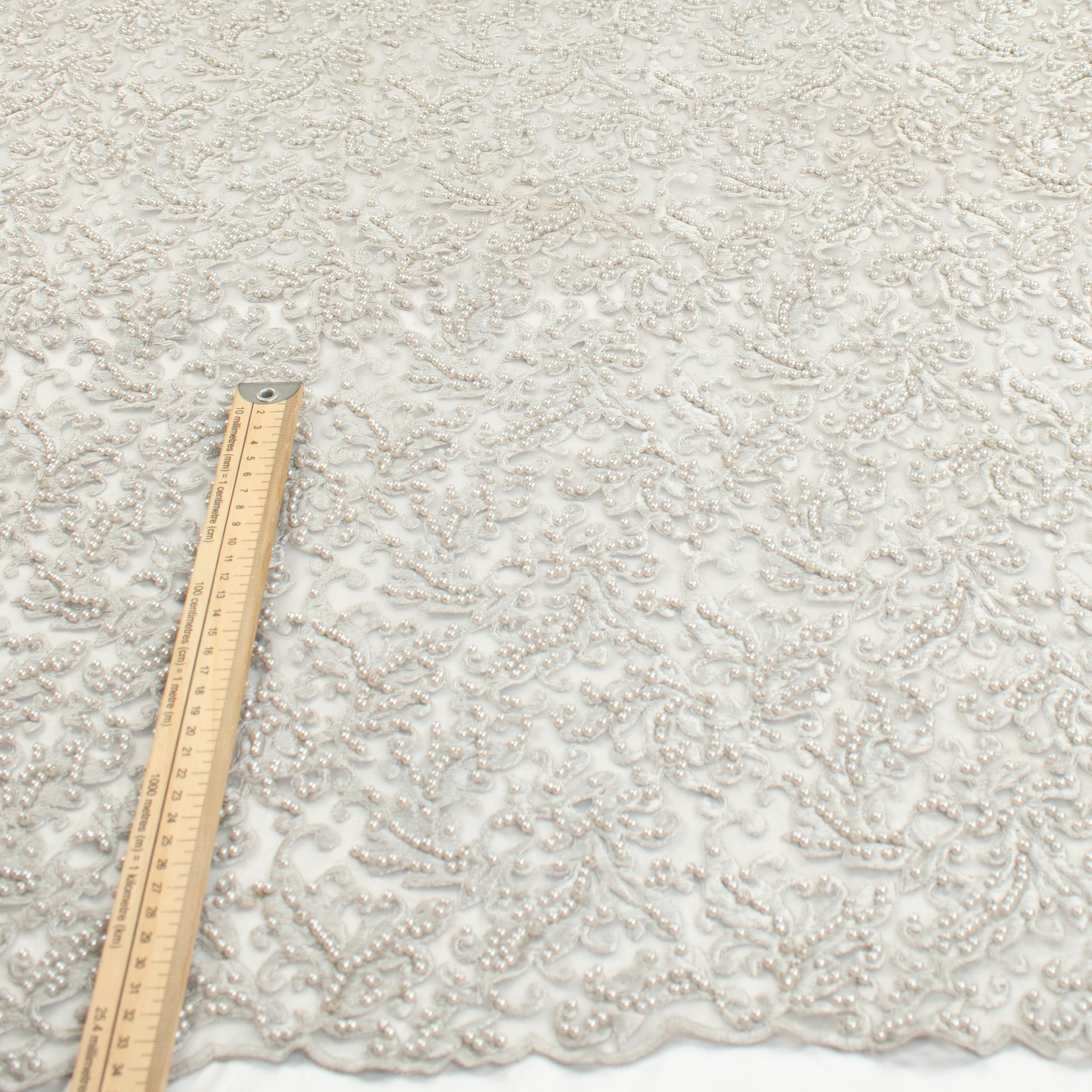 Heavy Embroidered Pearl Beaded Chantilly Lace Silver