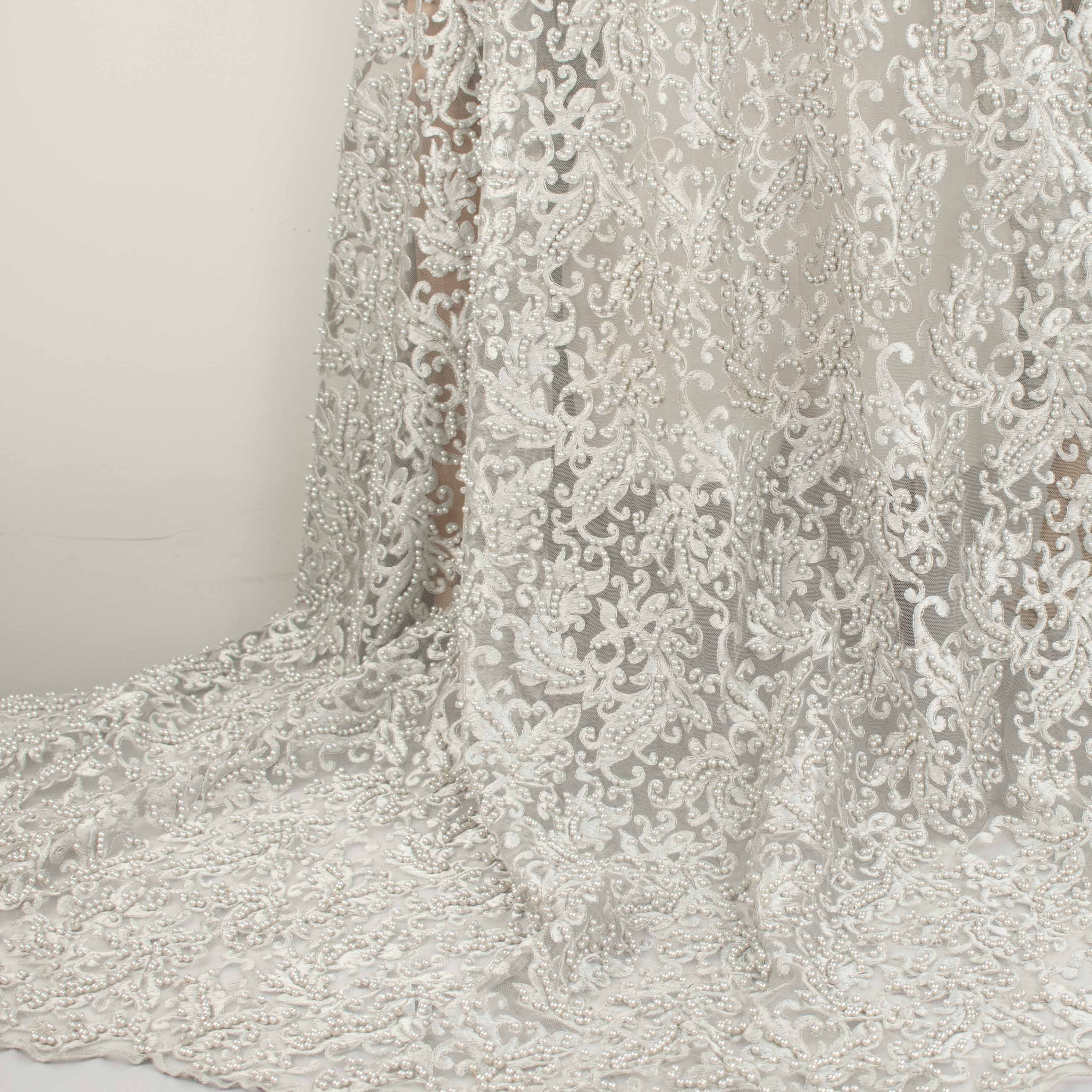 Heavy Embroidered Pearl Beaded Chantilly Lace Silver