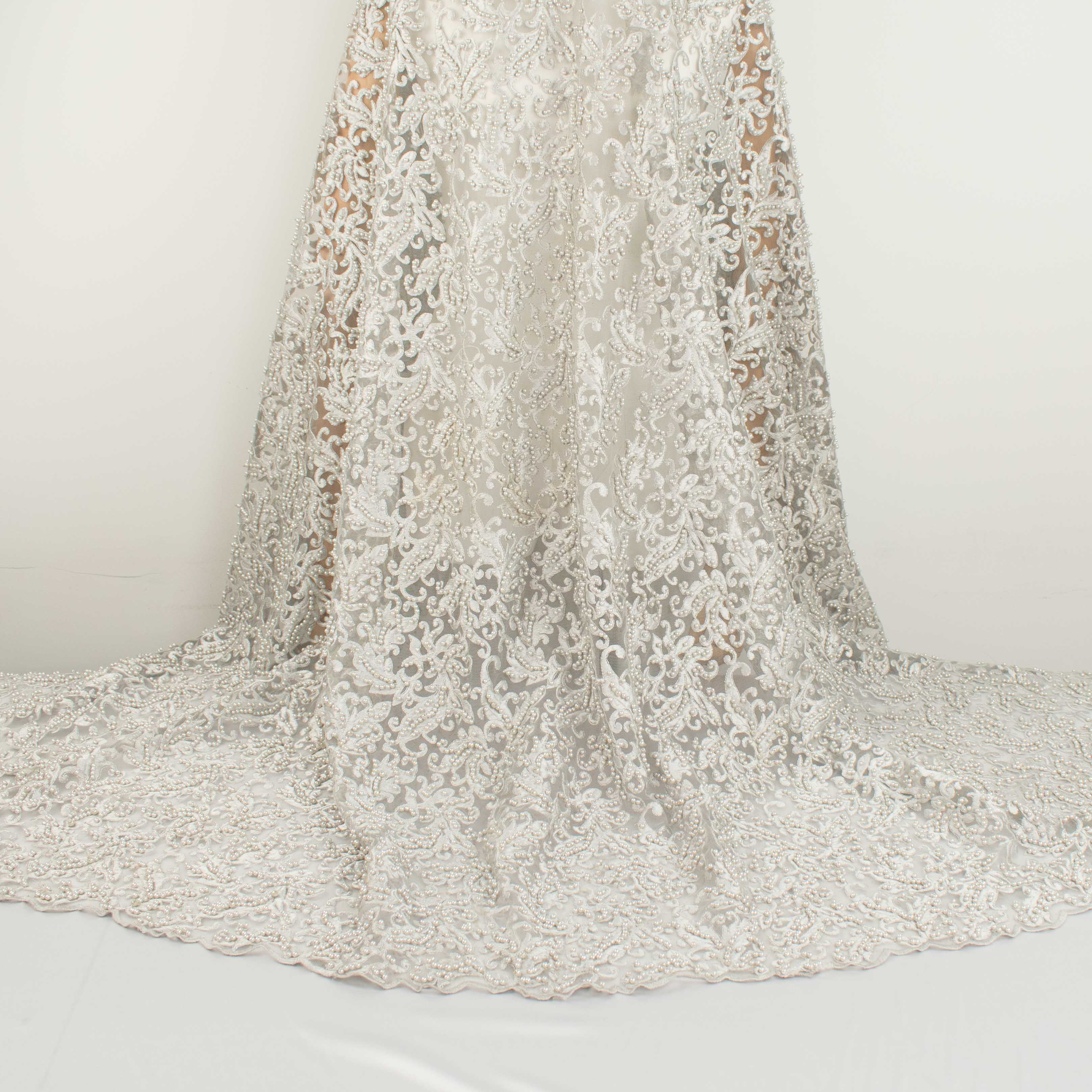 Heavy Embroidered Pearl Beaded Chantilly Lace Silver