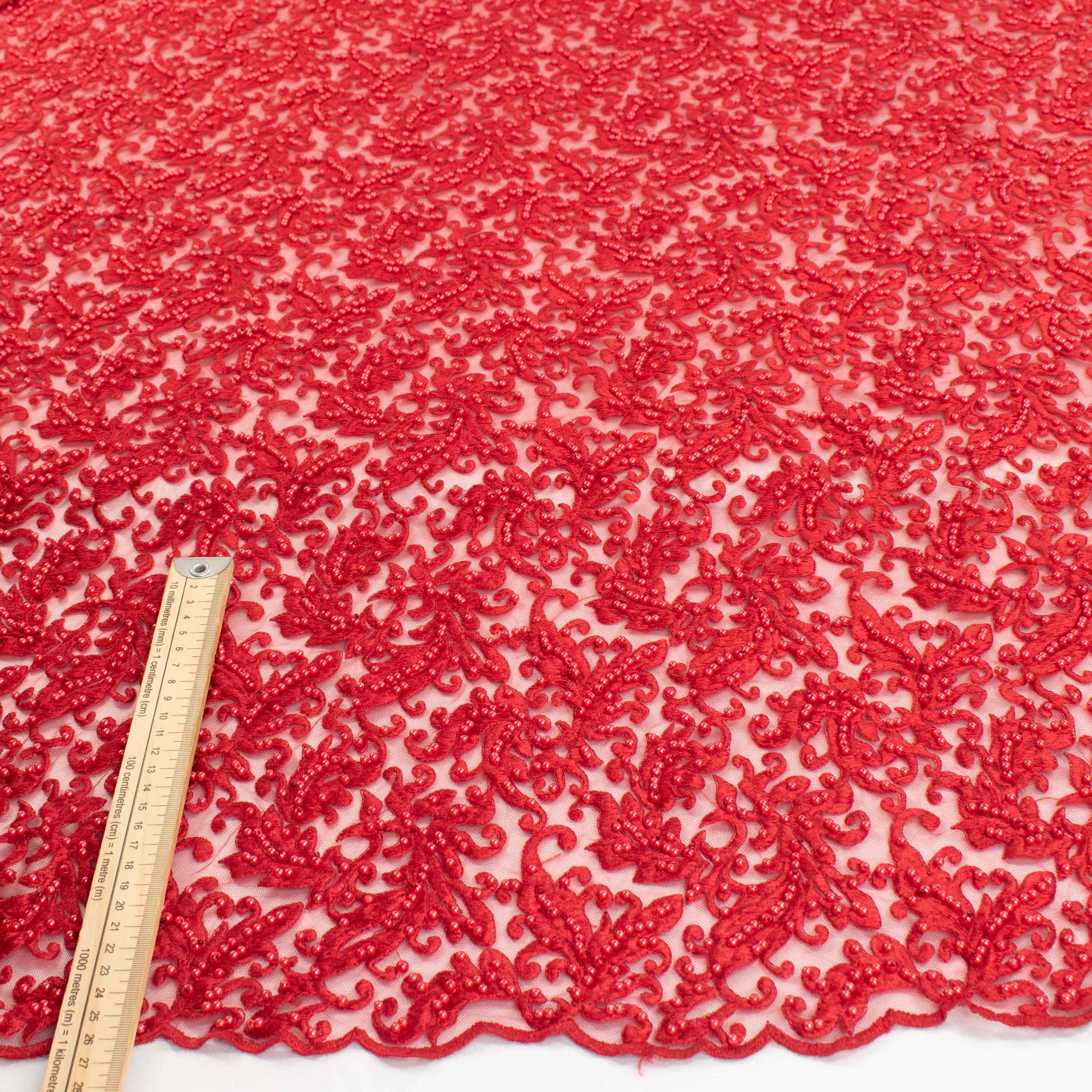 Heavy Embroidered Pearl Beaded Chantilly Lace Red