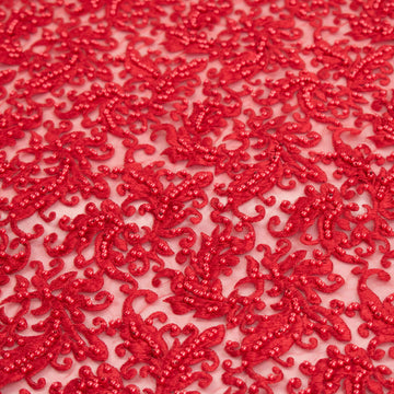 Heavy Embroidered Pearl Beaded Chantilly Lace Red