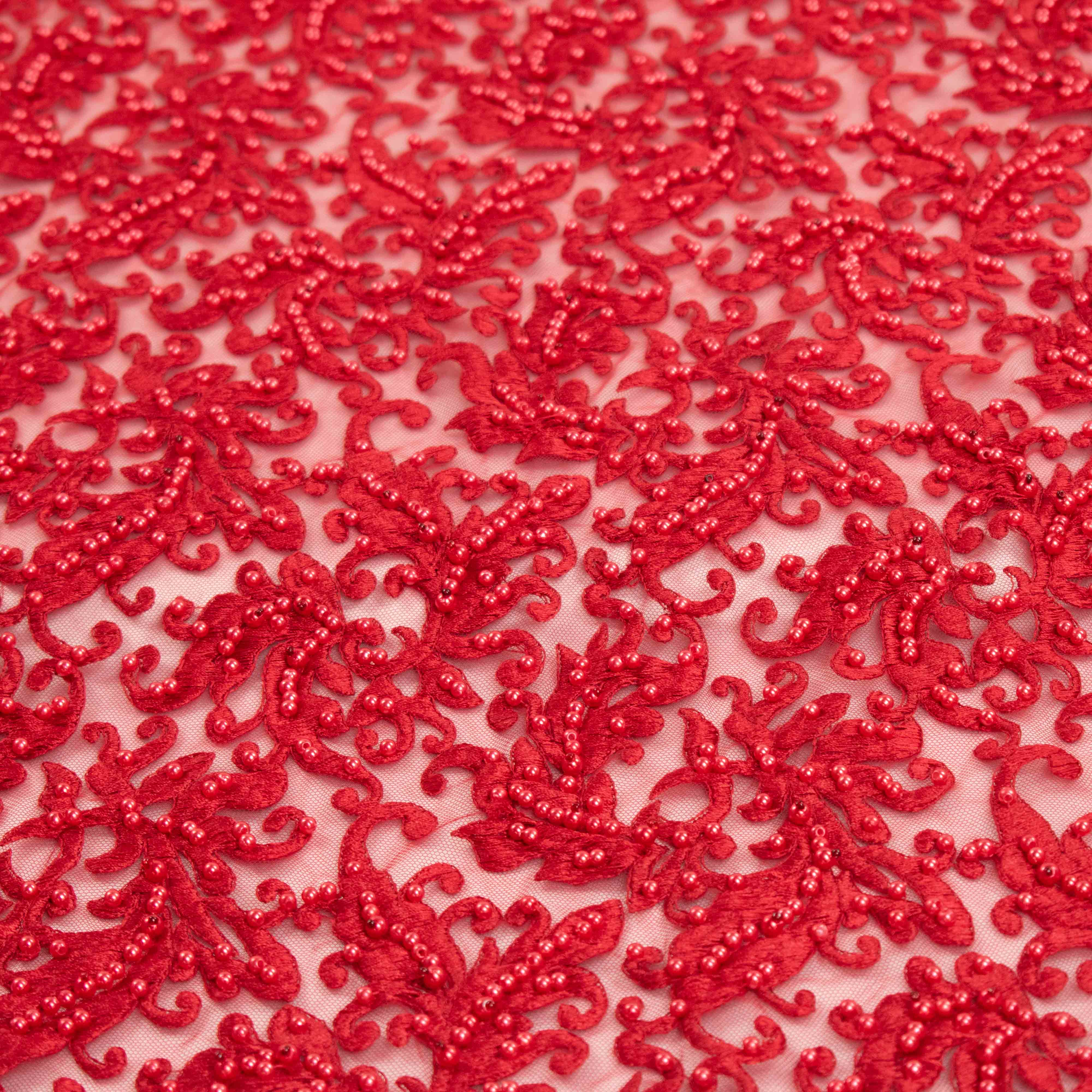 Heavy Embroidered Pearl Beaded Chantilly Lace Red