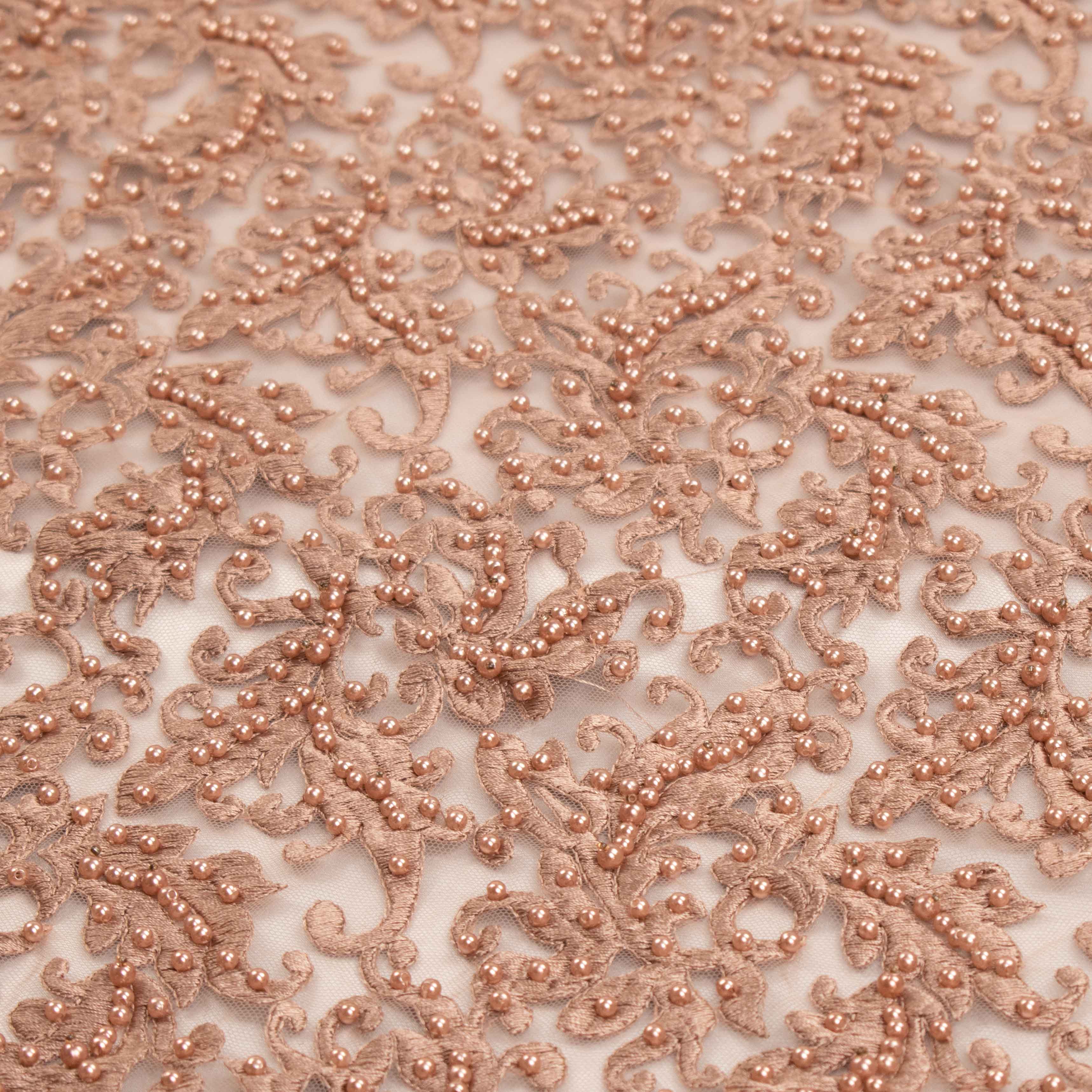 Heavy Embroidered Pearl Beaded Chantilly Lace Dusty Mocha