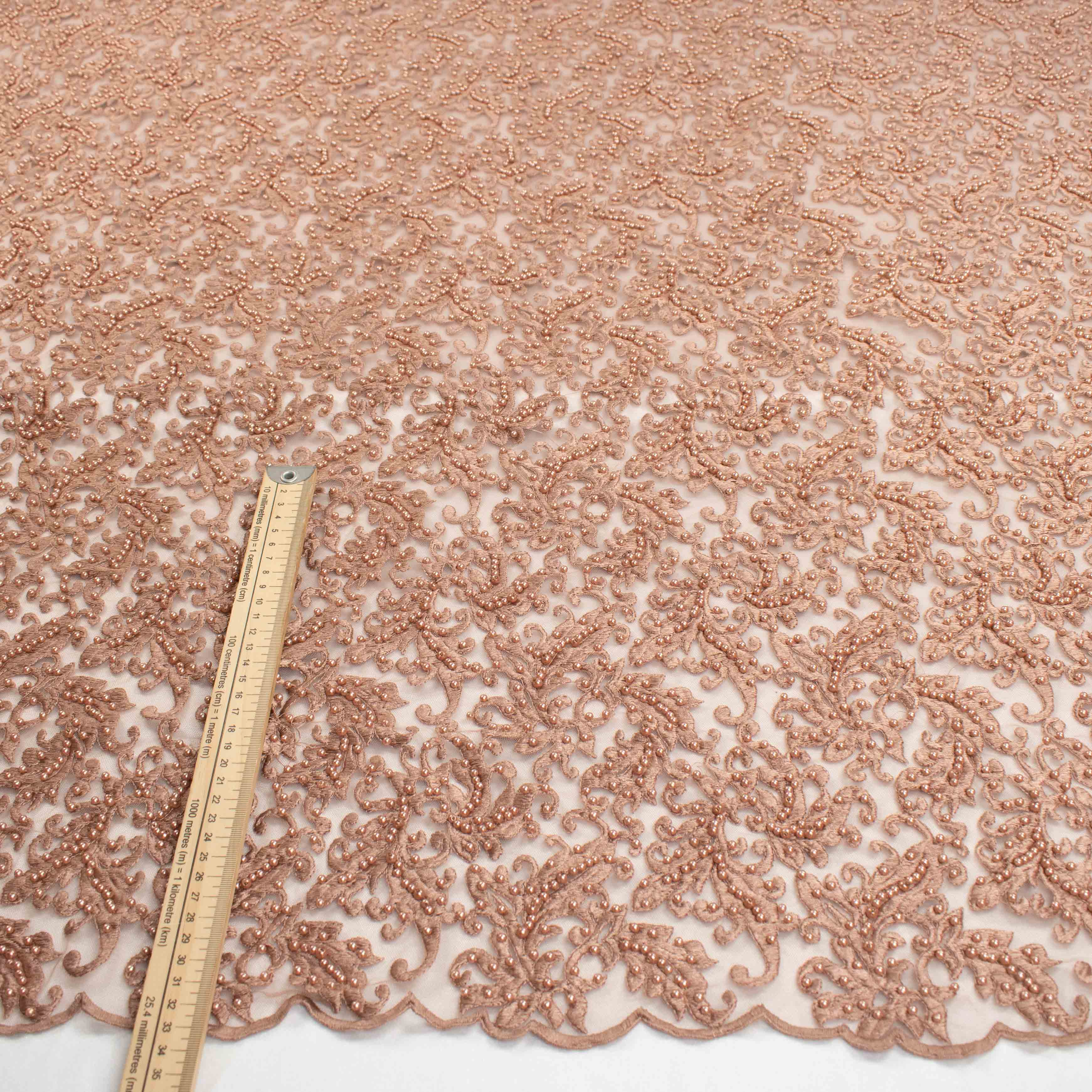 Heavy Embroidered Pearl Beaded Chantilly Lace Dusty Mocha