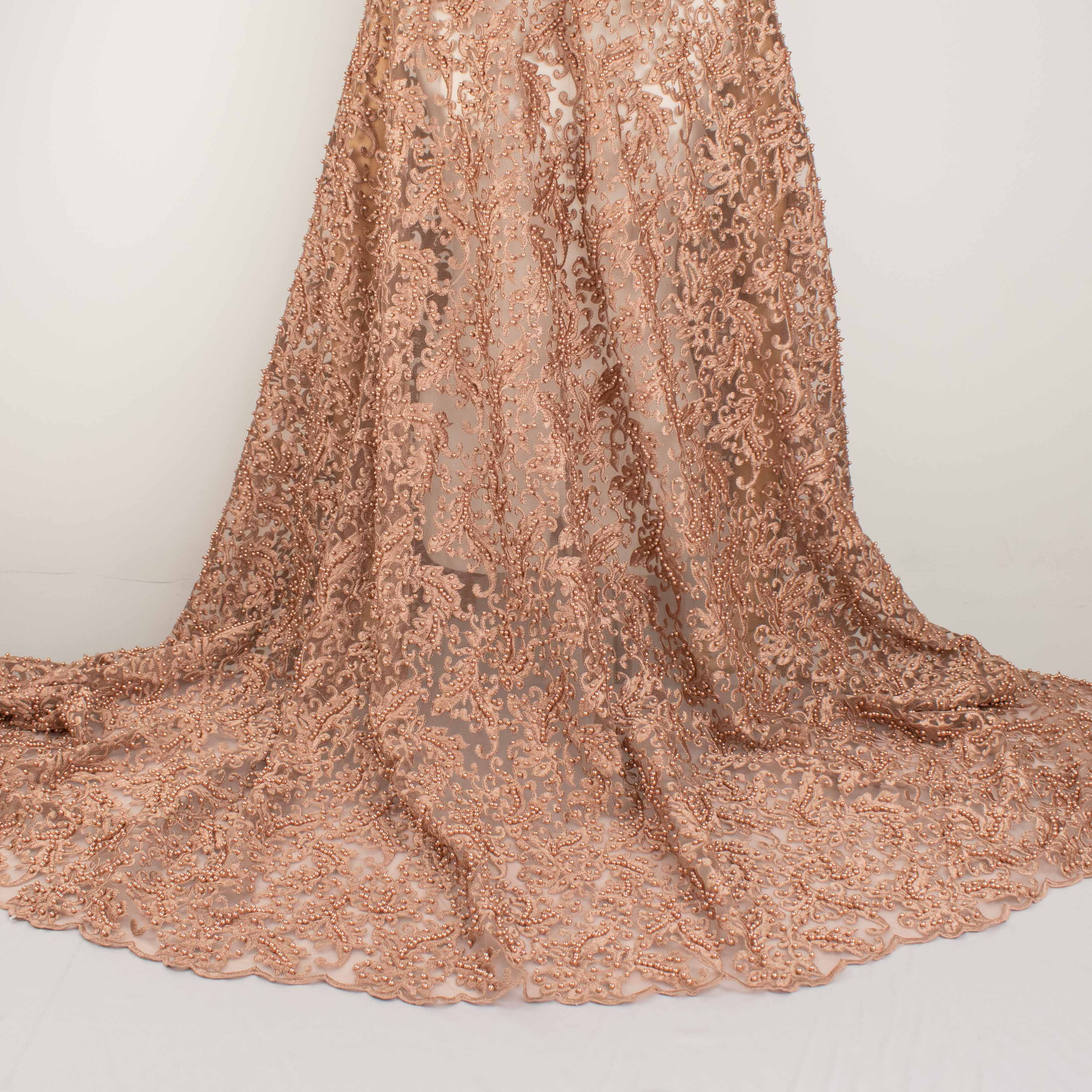 Heavy Embroidered Pearl Beaded Chantilly Lace Dusty Mocha