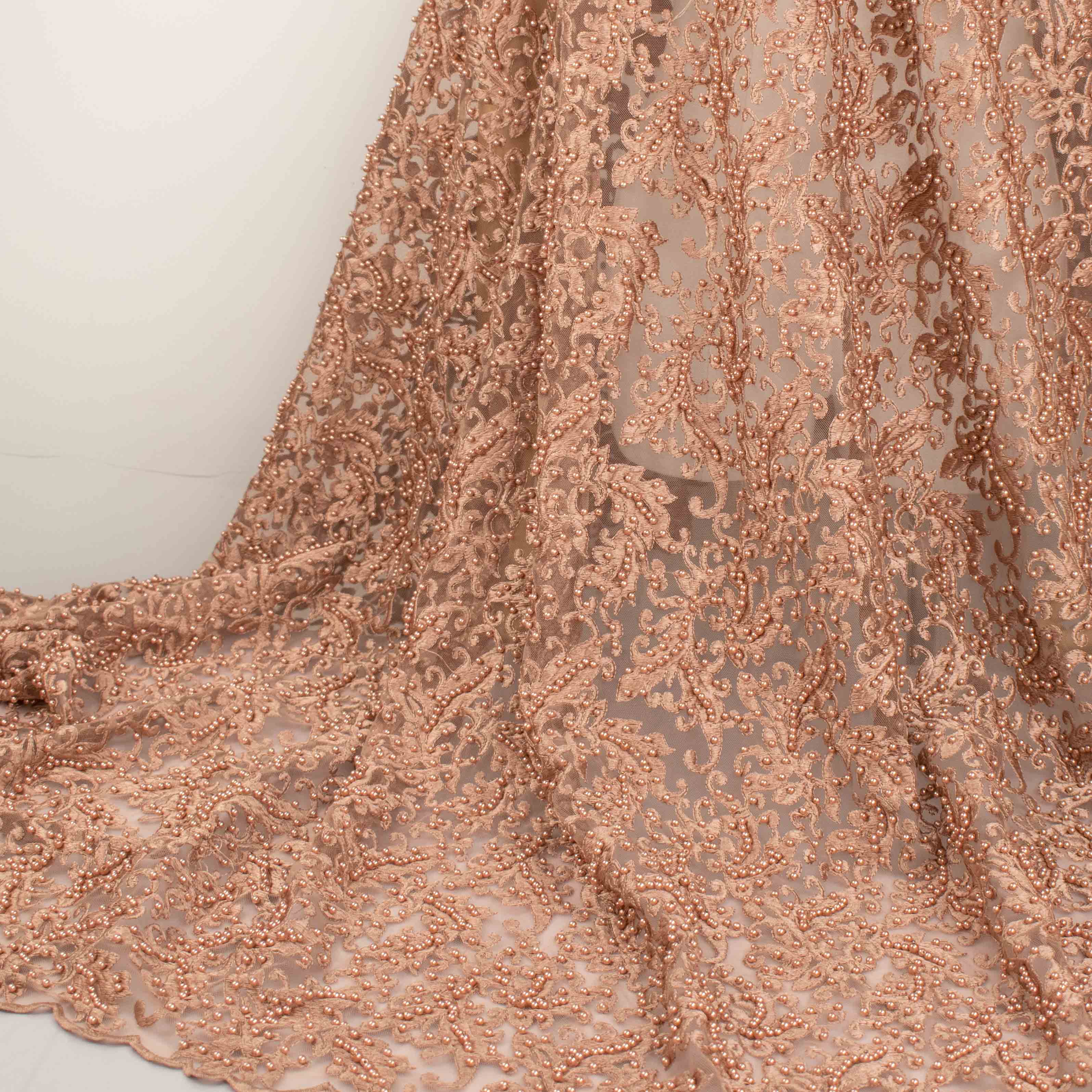 Heavy Embroidered Pearl Beaded Chantilly Lace Dusty Mocha