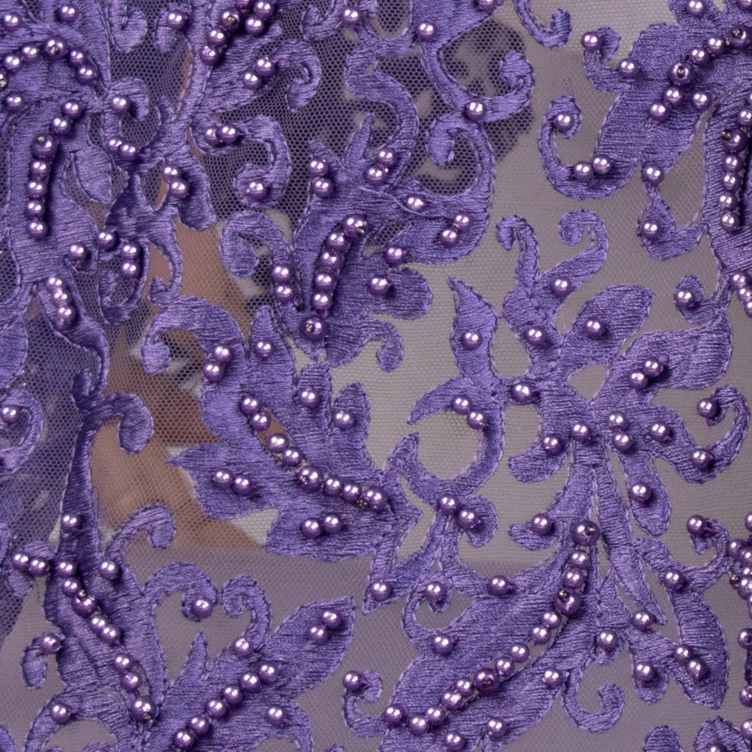 Heavy Embroidered Pearl Beaded Chantilly Lace Purple