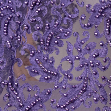 Heavy Embroidered Pearl Beaded Chantilly Lace Purple