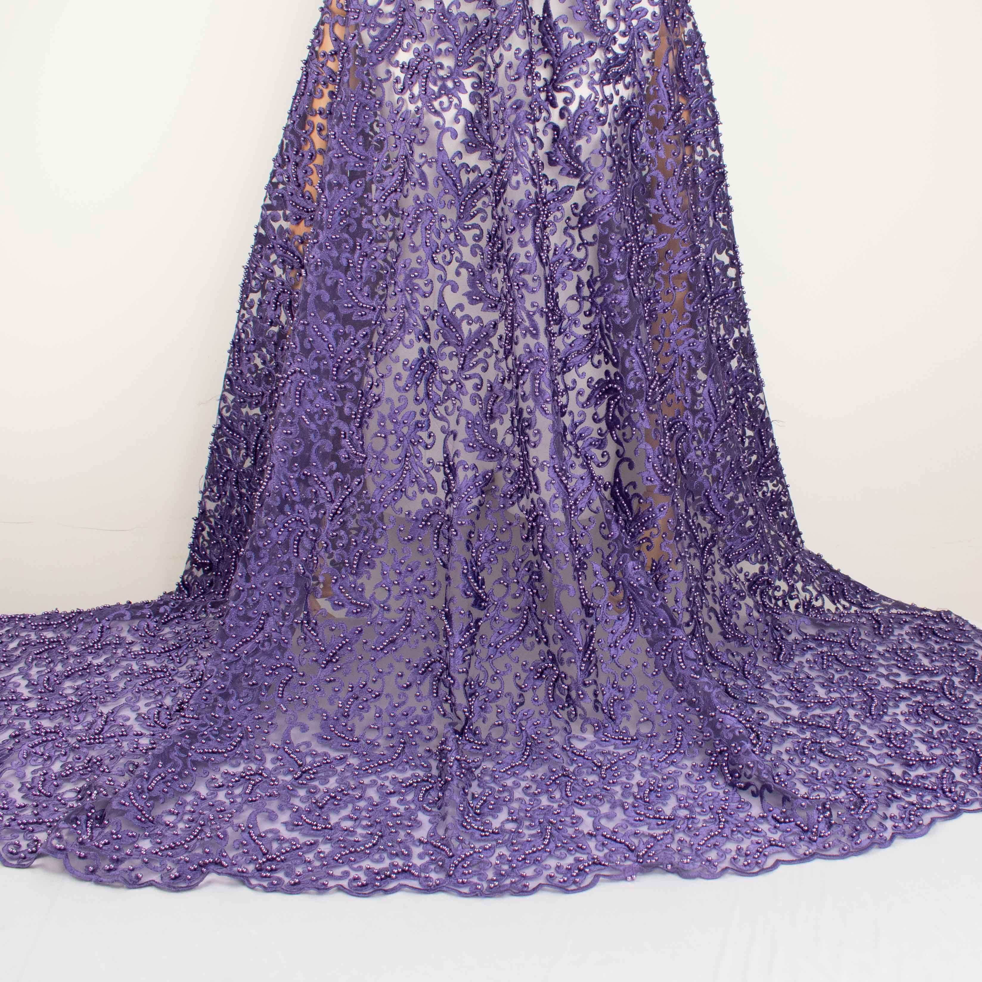 Heavy Embroidered Pearl Beaded Chantilly Lace Purple