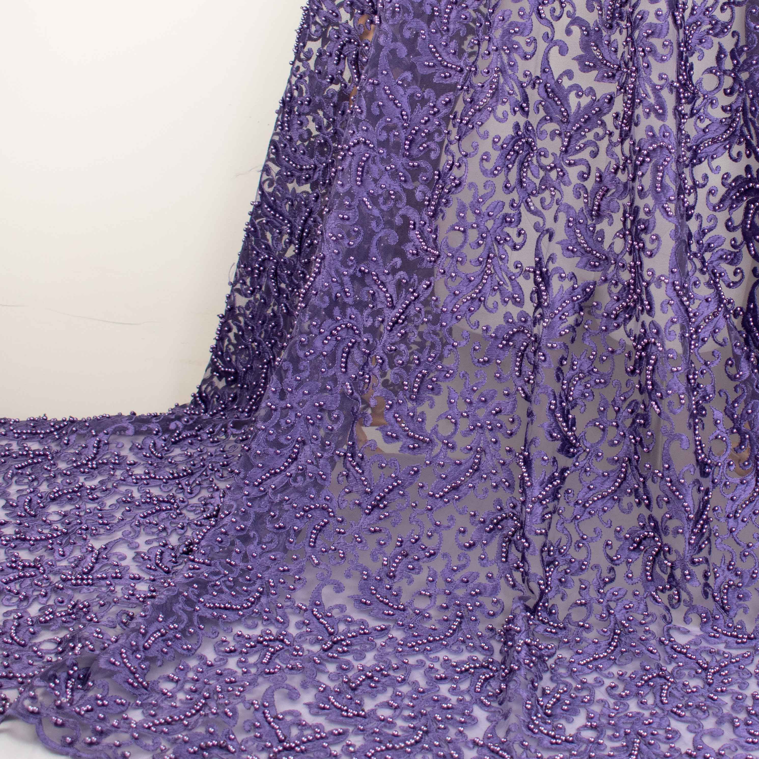 Heavy Embroidered Pearl Beaded Chantilly Lace Purple