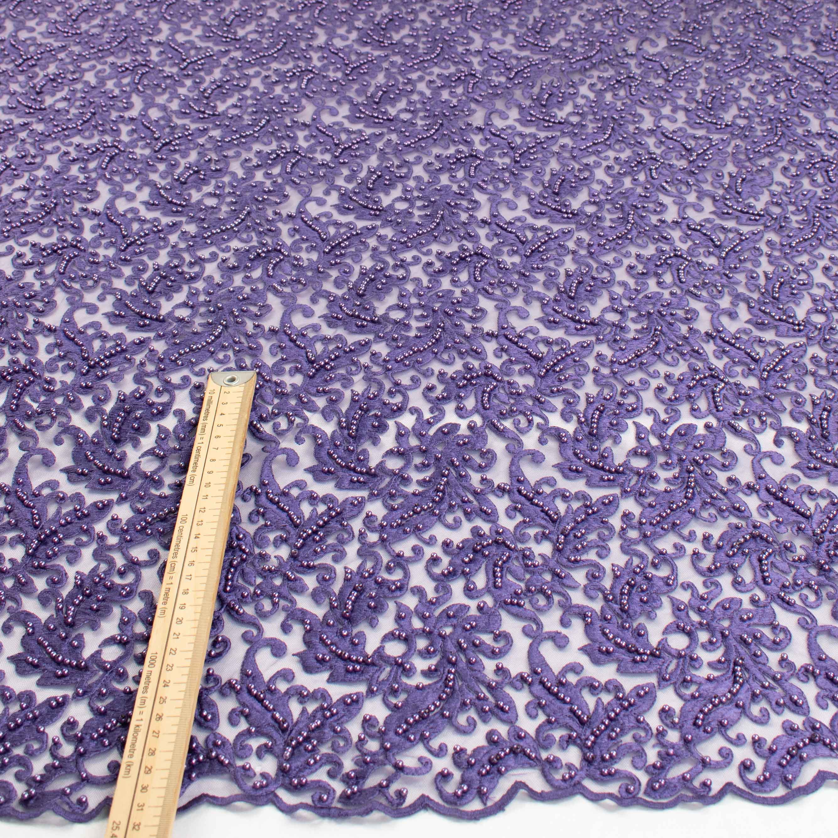 Heavy Embroidered Pearl Beaded Chantilly Lace Purple