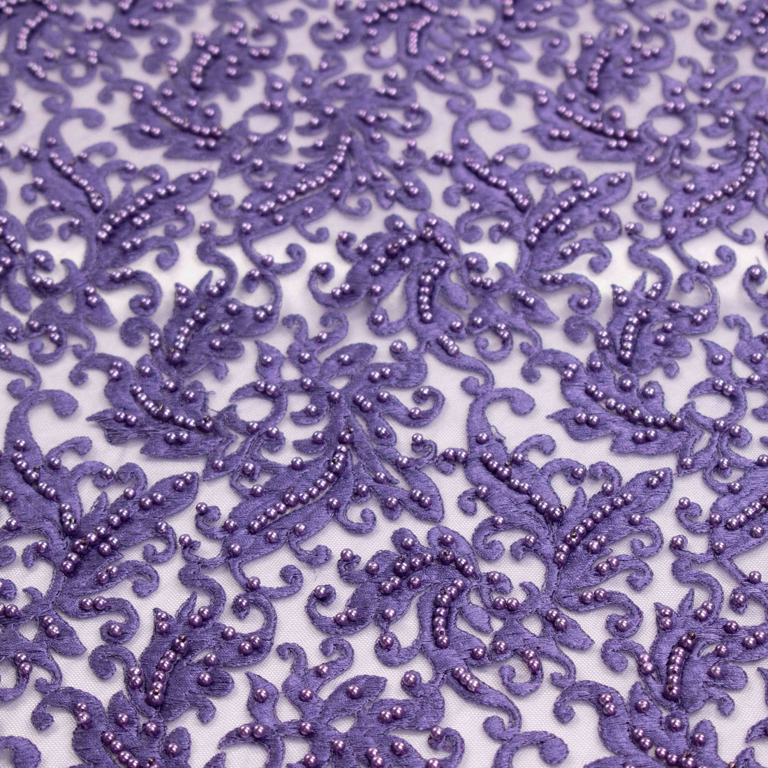 Heavy Embroidered Pearl Beaded Chantilly Lace Purple