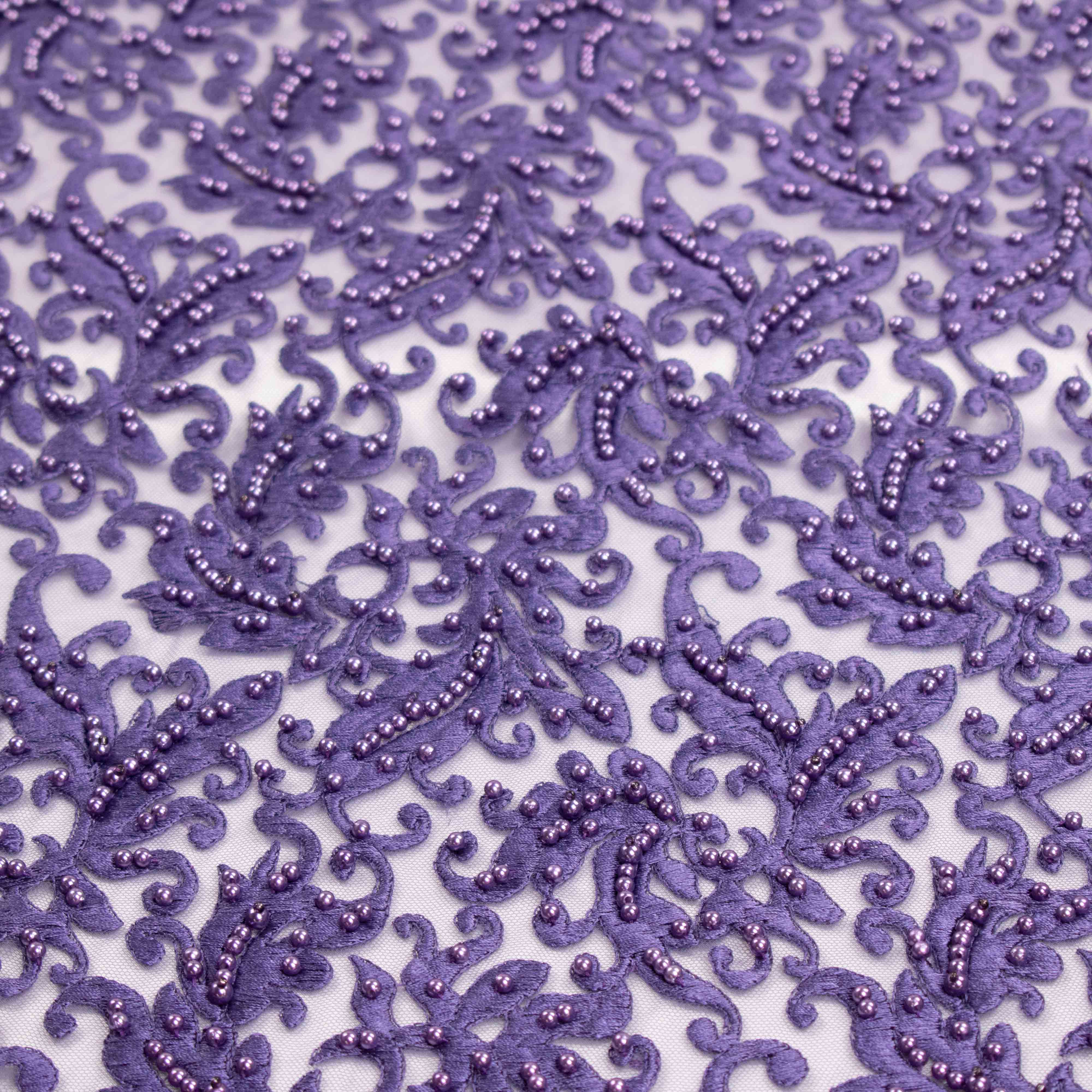 Heavy Embroidered Pearl Beaded Chantilly Lace Purple