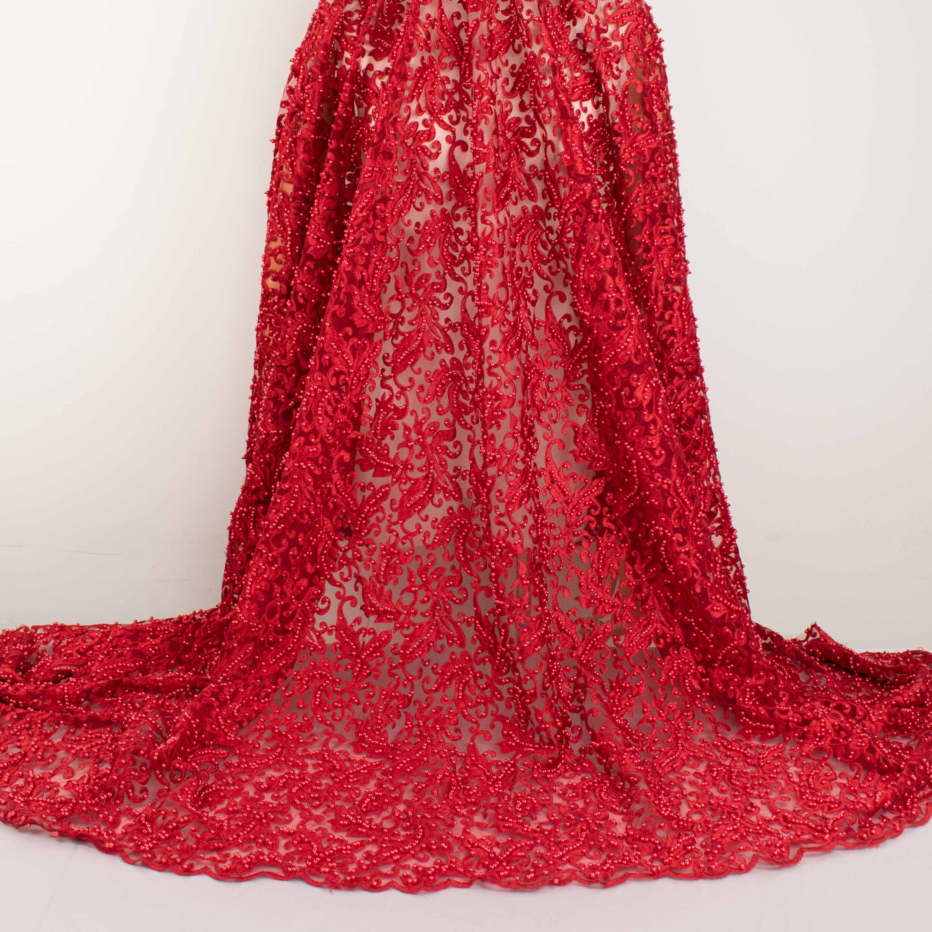 Heavy Embroidered Pearl Beaded Chantilly Lace Red