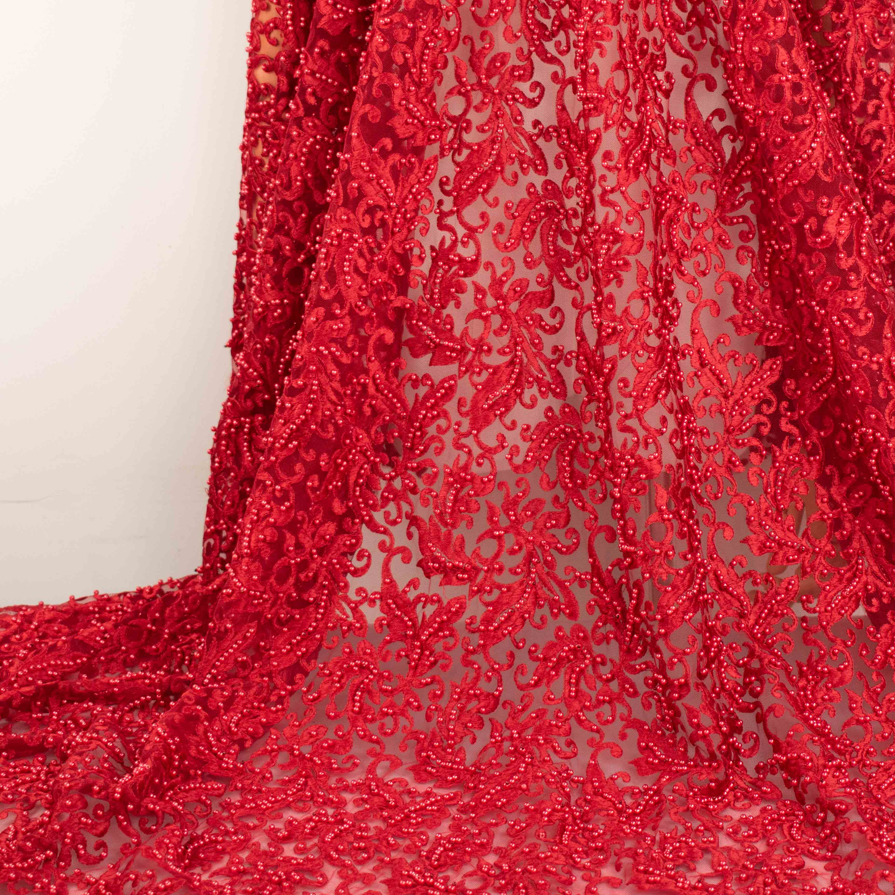 Heavy Embroidered Pearl Beaded Chantilly Lace Red
