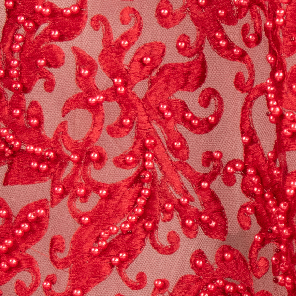 Heavy Embroidered Pearl Beaded Chantilly Lace Red