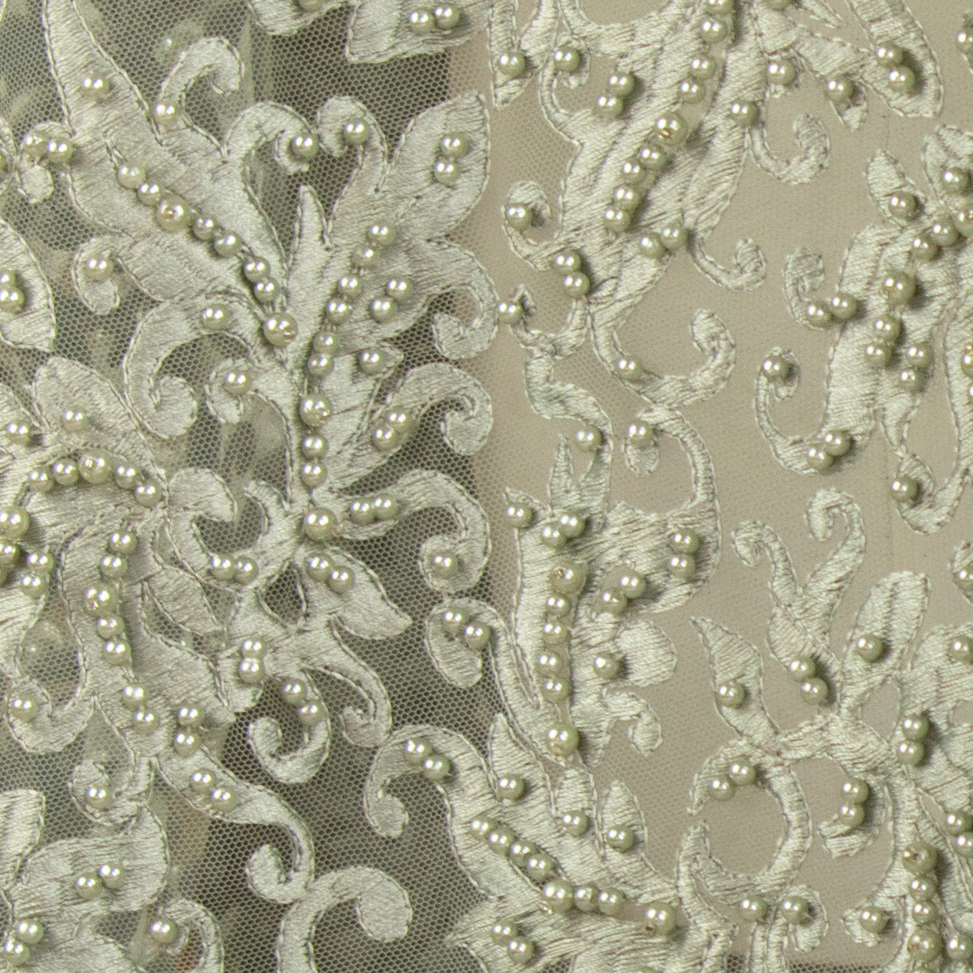 Heavy Embroidered Pearl Beaded Chantilly Lace Teal Grey